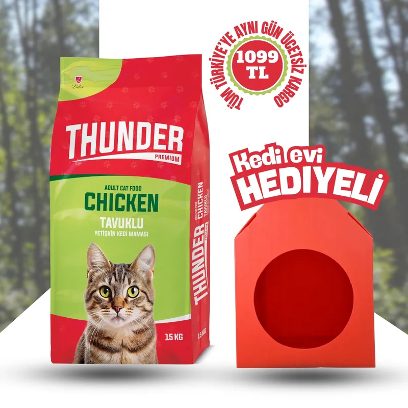 Thunder Premium Tavuklu Yetişkin Kedi Maması 15 KG | Plastik Kedi Evi Hediyeli