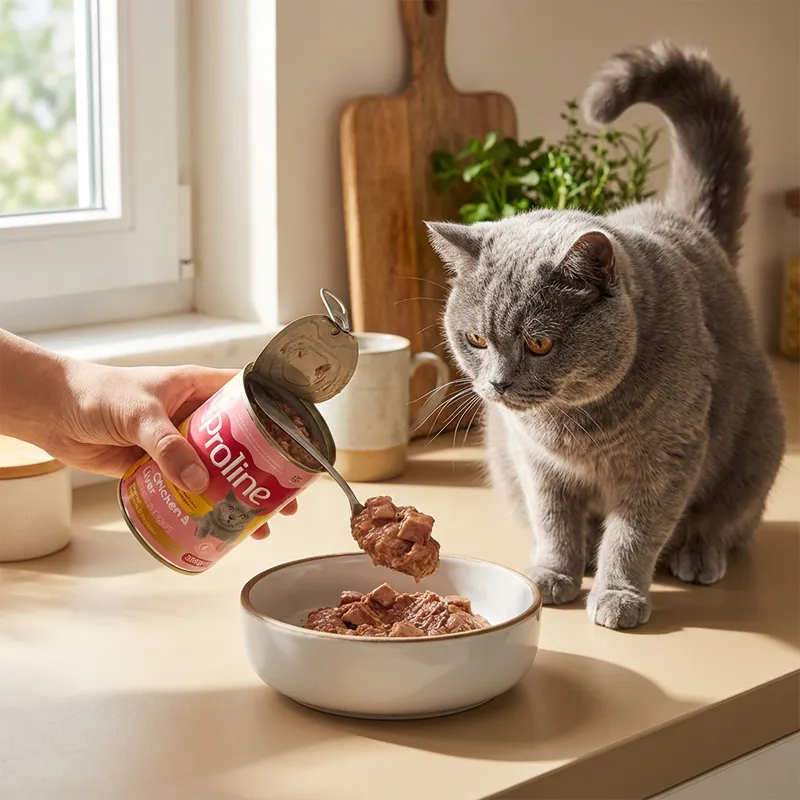 Proline Tavuklu ve Ciğerli Pate İçinde Et Parçacıklı Konserve Yetişkin Kedi Maması 395GR x 12 Adet